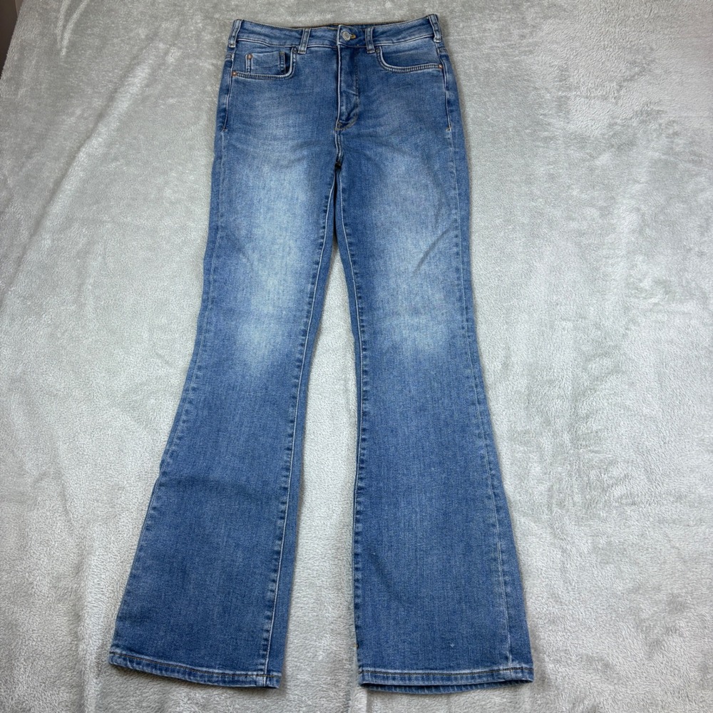 Pilcro Jeans Womens 27 (Fits 28x31) Flare High Rise Whiskered Faded Blue Stretch